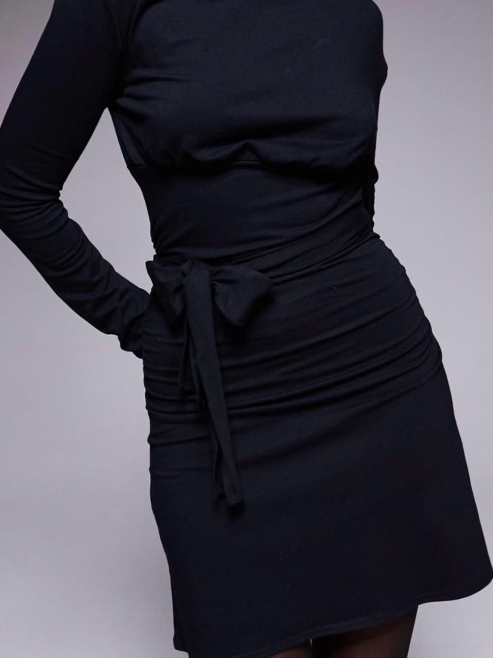 Long Sleeve Black Tie-Waist Dress
